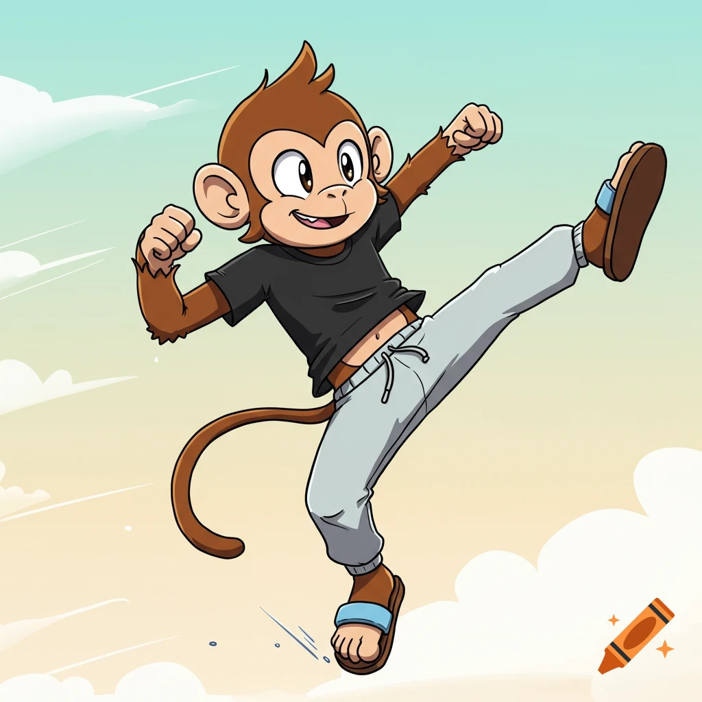 A cartoon monkey in a black t-shirt, light grey sweatpants, and sandals performs a flying martial arts kick against a sky background.