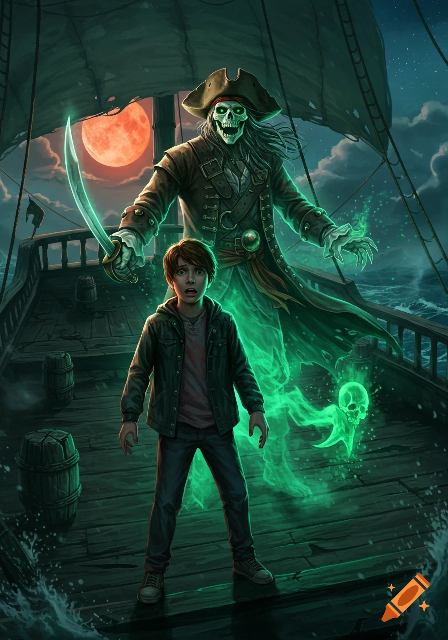 A scared boy on a dark pirate ship with a glowing green ghost pirate and a red moon in the background. Digital art.