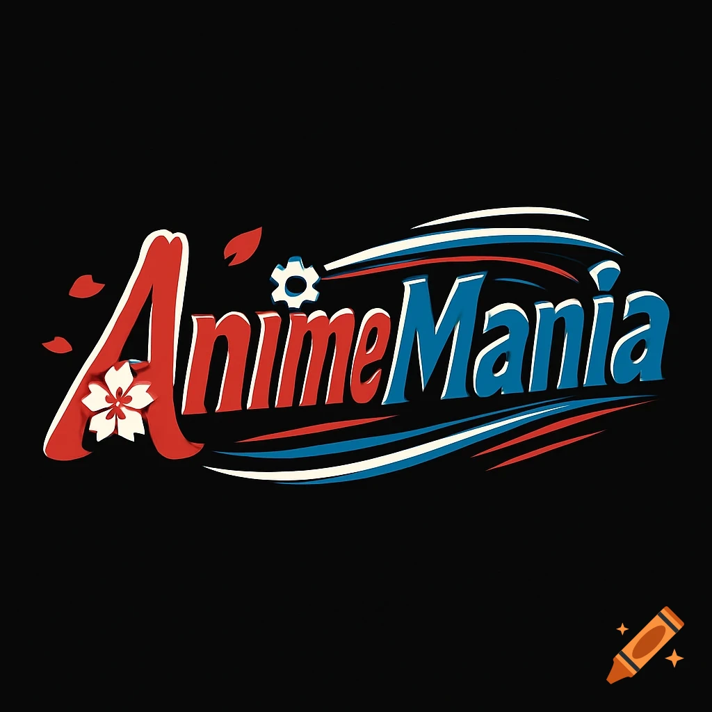 A stylized logo with "AnimeMania" in red and blue text, featuring a cherry blossom, falling petals, a small gear, and flowing lines on a black background.