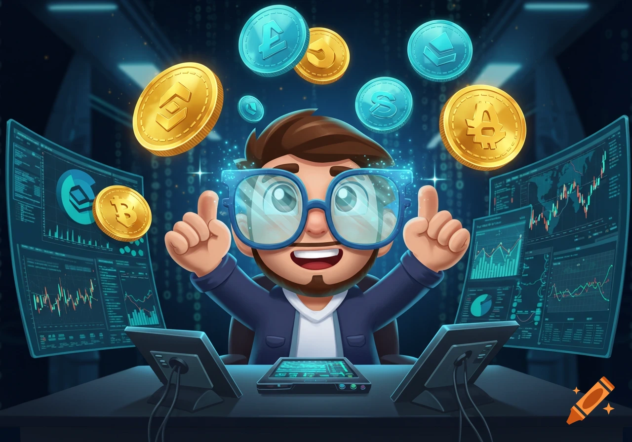 A cartoon man with glasses excitedly showing thumbs up, surrounded by floating cryptocurrency coins and trading screens.