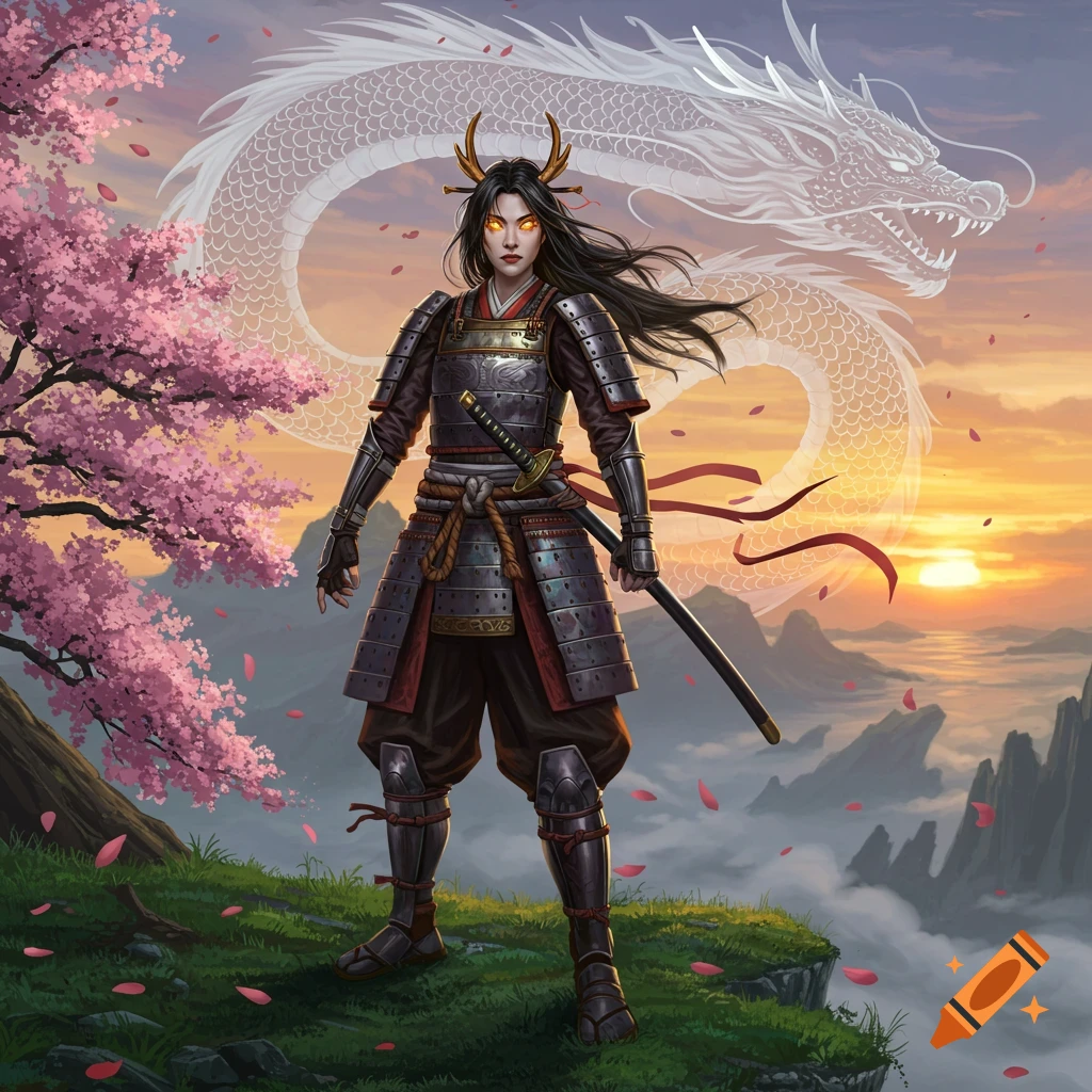 Samurai heroine with glowing eyes and a white dragon spirit stands on a cliff with cherry blossoms at sunset.