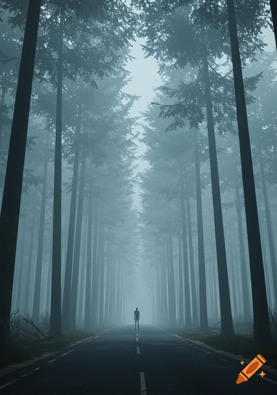 A lone silhouetted figure stands on a dark road stretching through a dense, foggy forest of tall, dark trees.