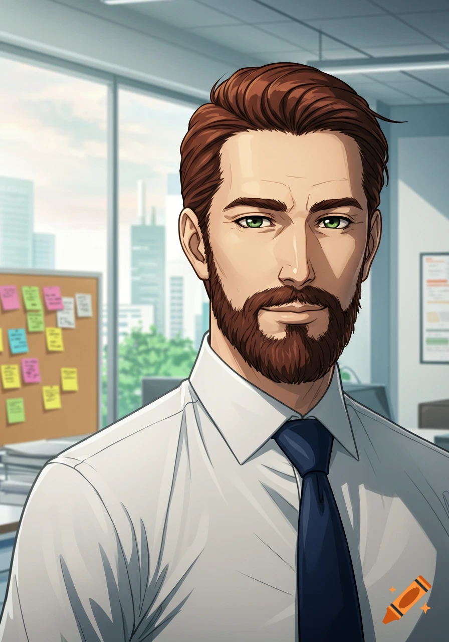 An anime-style portrait of a bearded man with brown hair and green eyes, wearing a white shirt and dark tie, set in a brightly lit office.