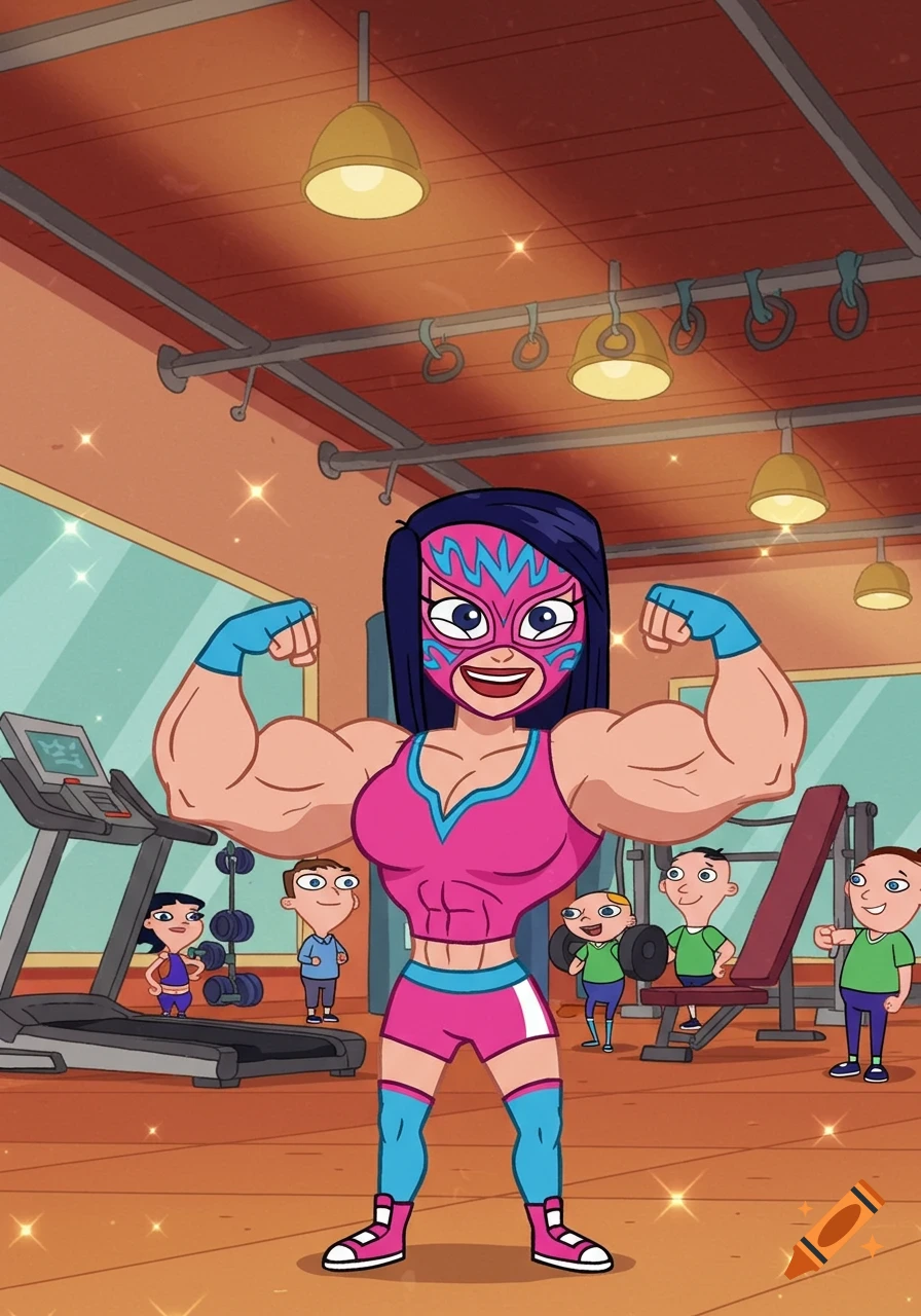 Cartoon female masked wrestler flexing muscles in a gym, Phineas and Ferb style.