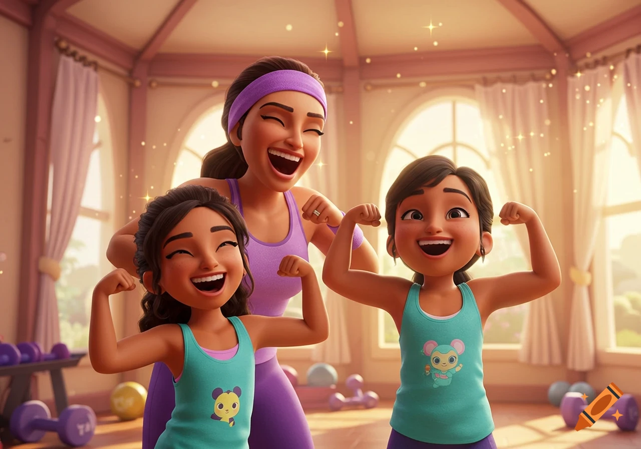 A mother and her two daughters happily flexing muscles in a cartoon gym setting.