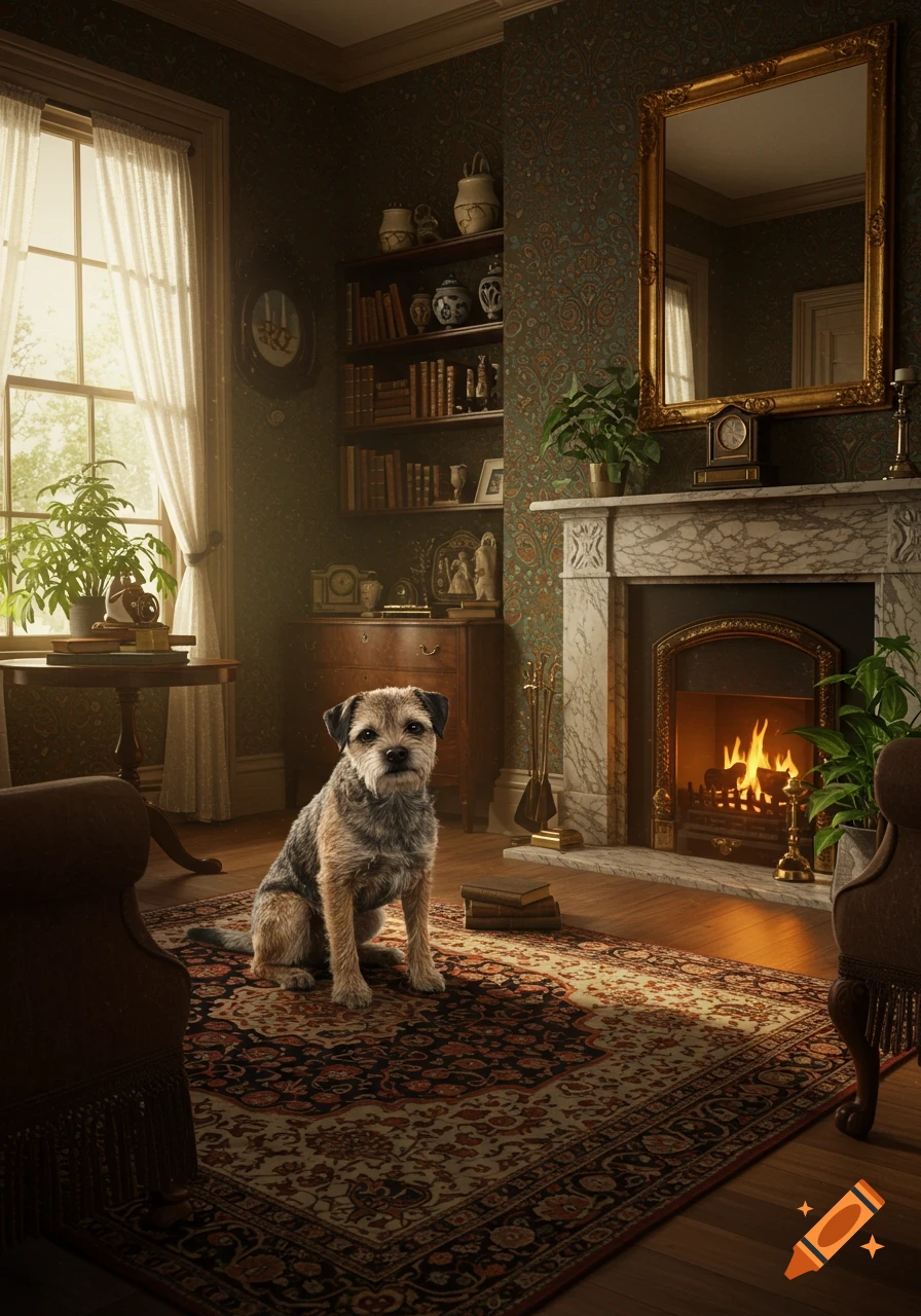 A photorealistic Border Terrier dog sitting on a patterned rug in a grand Victorian living room with a lit fireplace.