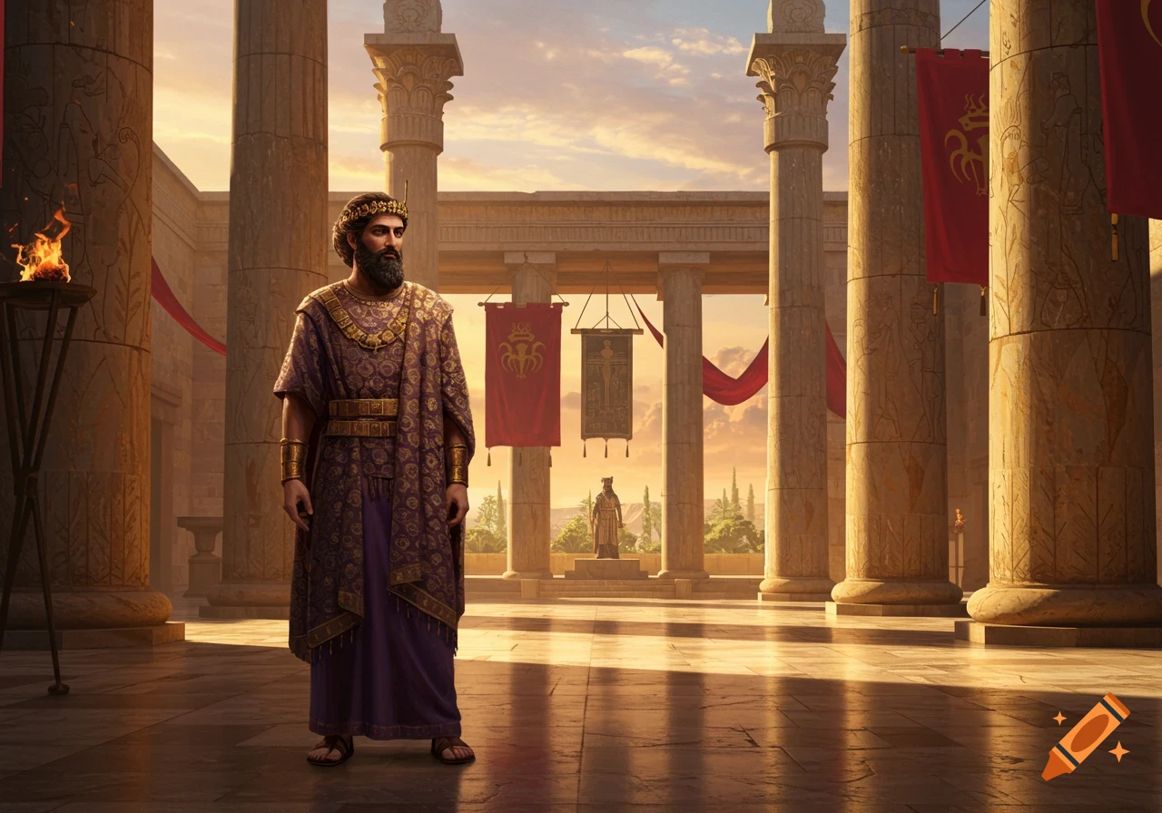 A bearded man in ornate purple and gold robes stands in an ancient palace with tall stone columns, lit by golden hour sun.