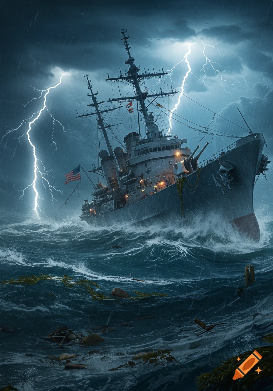An American warship battles a violent storm at sea, with lightning striking from dark, cloudy skies.