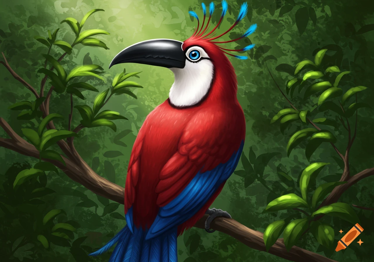 A vibrant red and blue bird with a black curved beak, white chest, and blue feathered crest perches on a branch in a lush jungle, digital illustration.