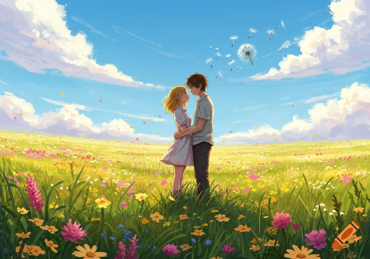 A young anime couple embraces in a vibrant field of wildflowers under a bright blue sky with dandelion seeds floating. Digital painting.