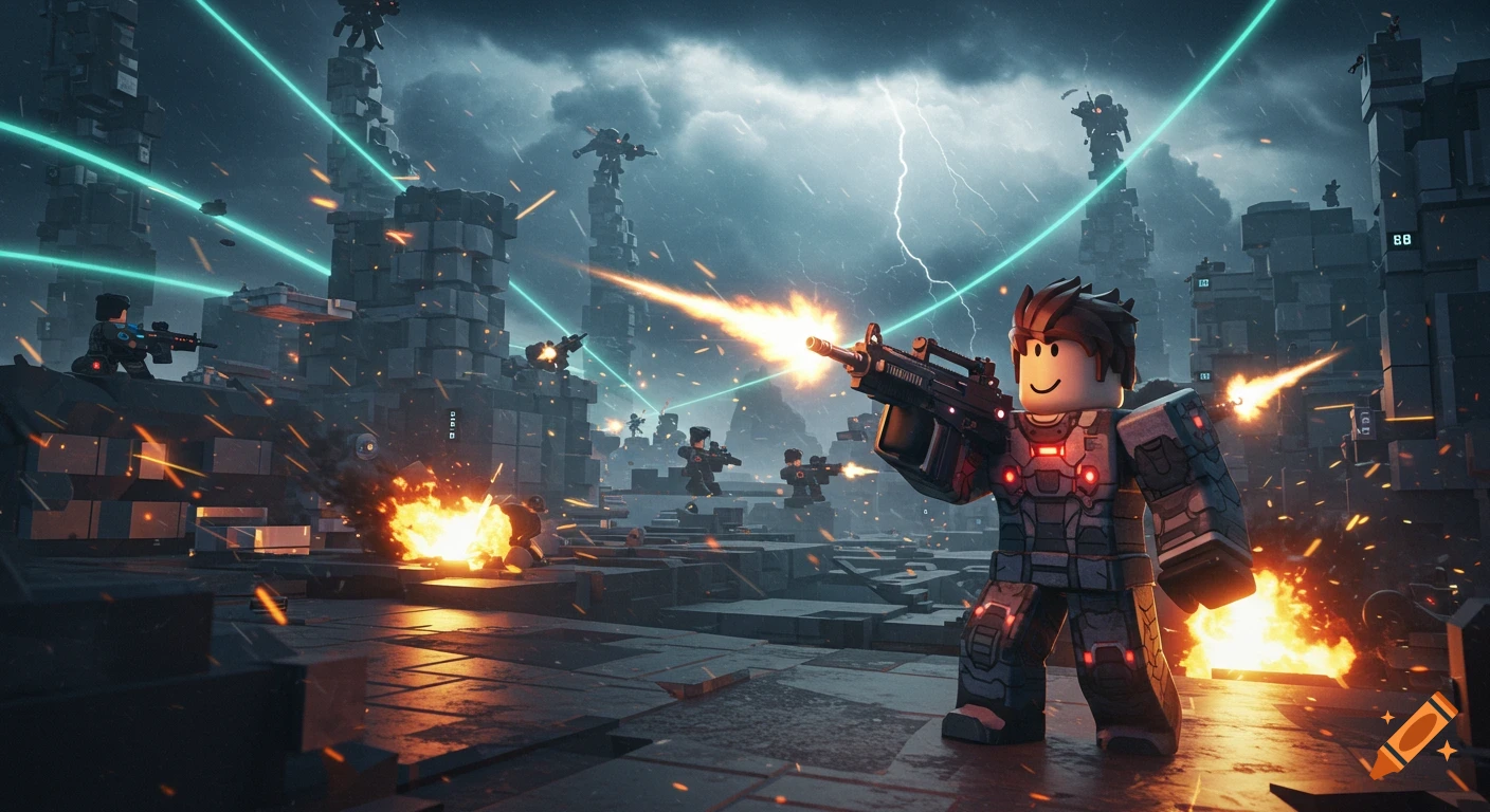 Roblox-style character in futuristic armor holds a rifle amidst a chaotic urban warzone with explosions, lasers, and other soldiers.