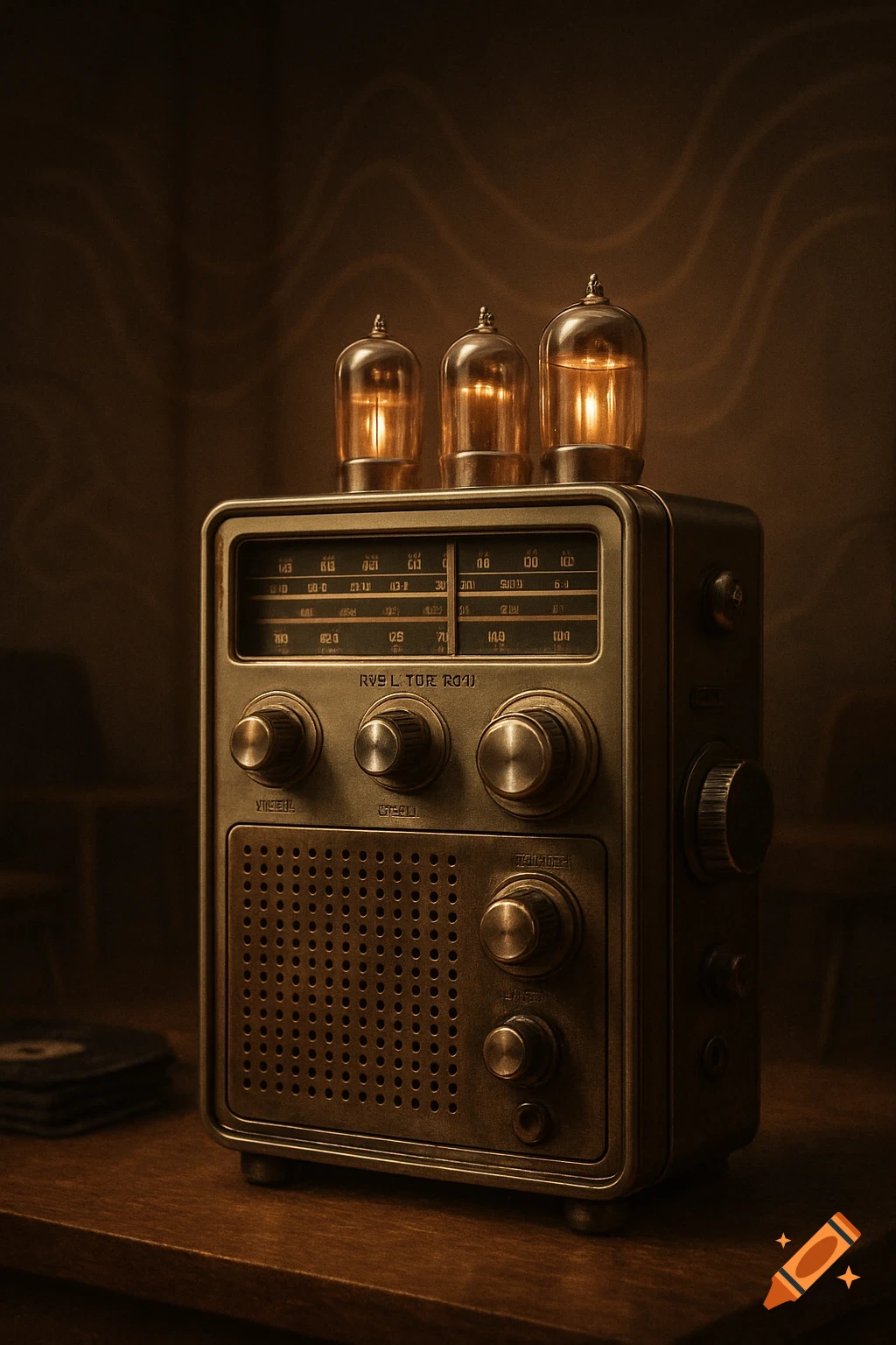 A close-up, dimly lit photo of a vintage-style radio with glowing vacuum tubes and several knobs, sitting on a wooden table.