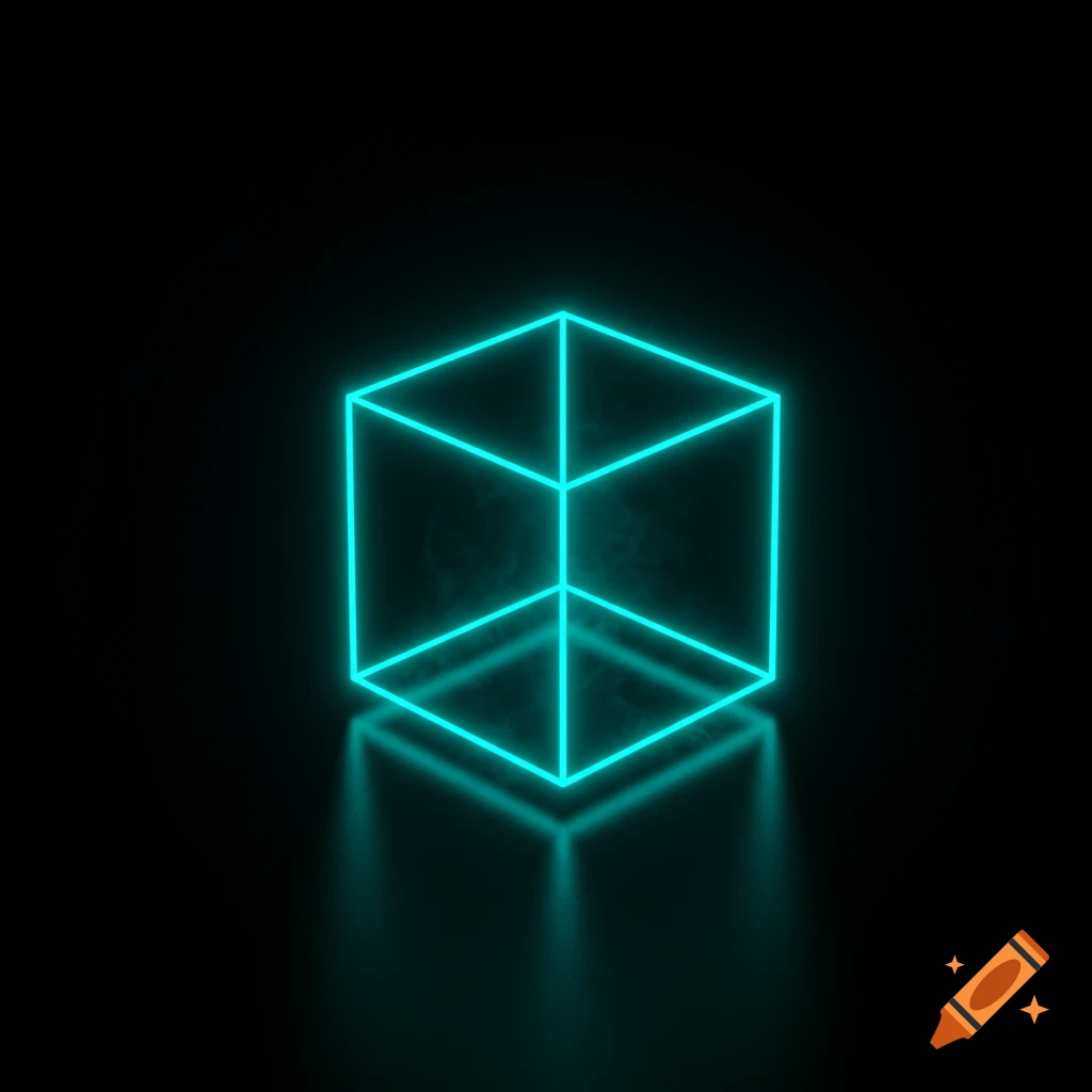 Minimalistic turquoise neon cube outline glowing on a black background, casting a soft reflection.