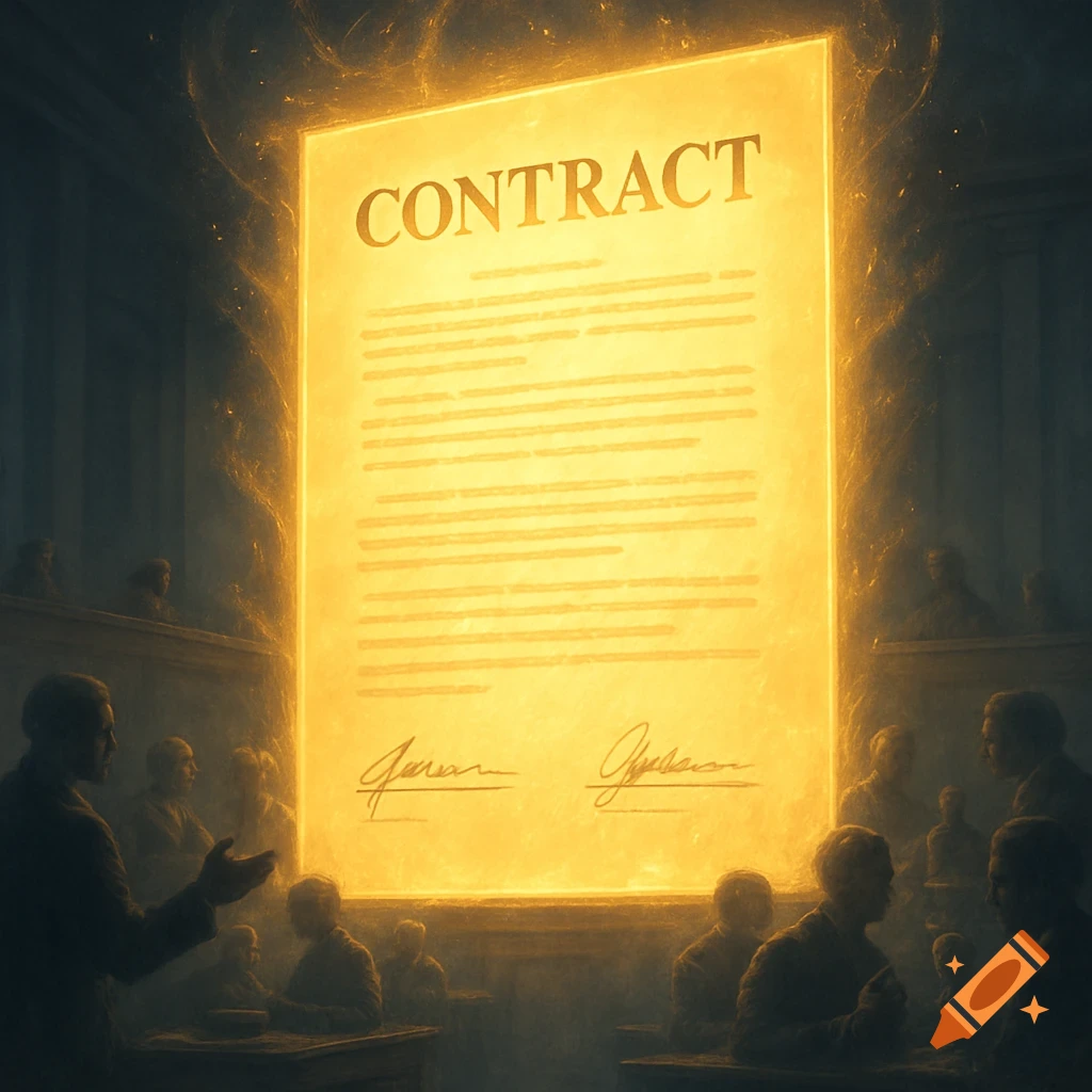 A giant, glowing contract dominates a dimly lit room filled with indistinct figures, in a dramatic, symbolic style.
