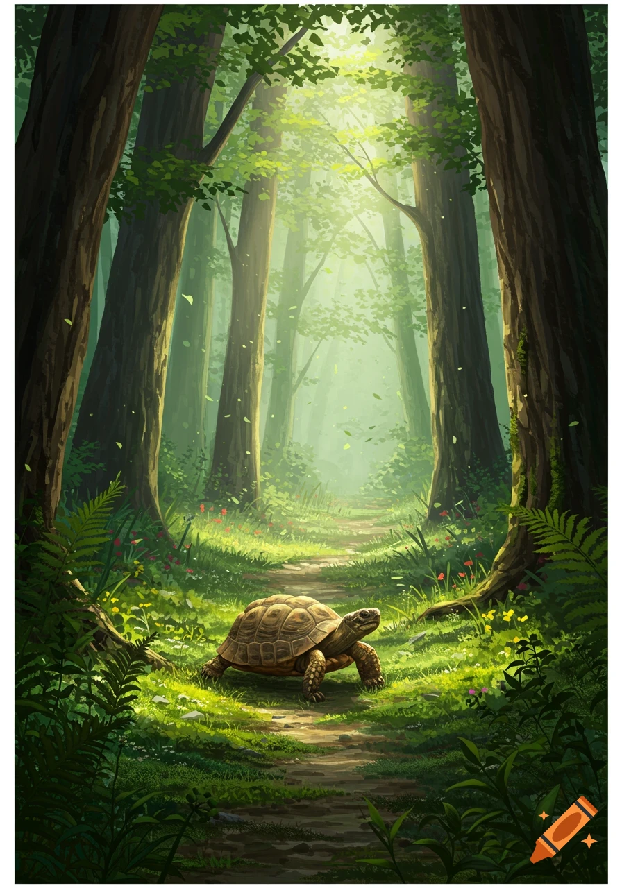 A stylized illustration of a turtle on a path in a vibrant, sunlit forest with tall trees and lush greenery.
