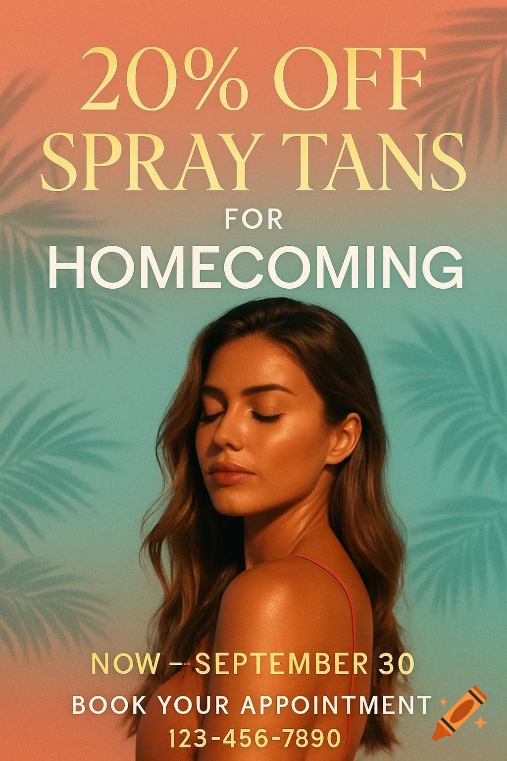 A promotional flyer for 20% off spray tans for homecoming, featuring a woman with a glowing tan against a tropical background.