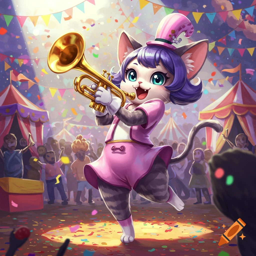 A cute, cartoon Neco Arc character with purple hair and cat ears plays a trumpet at a festive carnival with confetti.