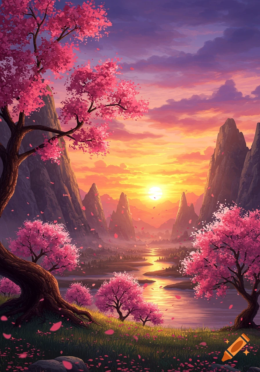 Vibrant fantasy landscape with pink cherry blossom trees, tall mountains, and a river reflecting a golden sunset.