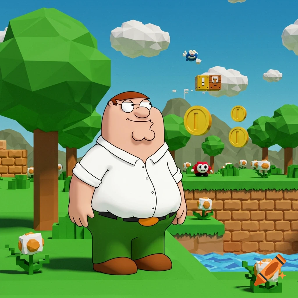 Peter Griffin in a low-poly Super Mario 64 environment, featuring classic game elements like coins and blocks.