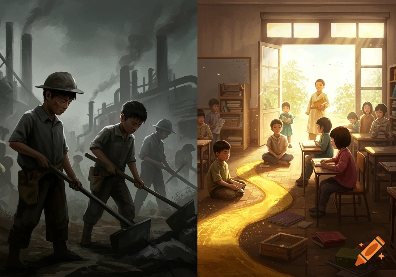 A split image: on the left, boys do child labor in a dark factory; on the right, children study in a bright classroom.