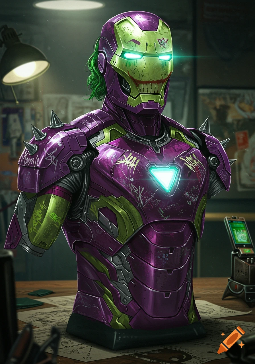 A detailed bust of an Iron Man suit with purple and green Joker-inspired colors, a clown smile on the mask, green hair, spikes, and graffiti, in a comic art style.