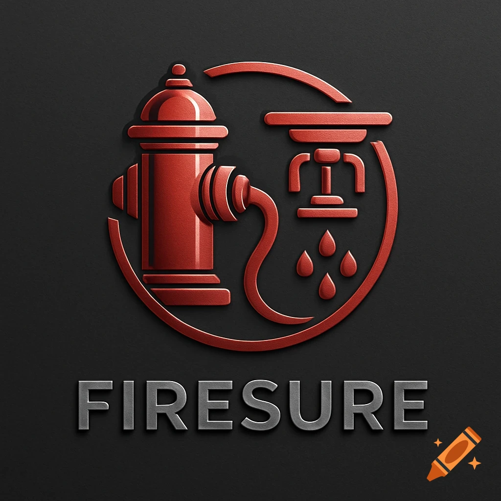 Red embossed logo for Firesure, depicting a fire hydrant and a sprinkler head on a dark grey background.