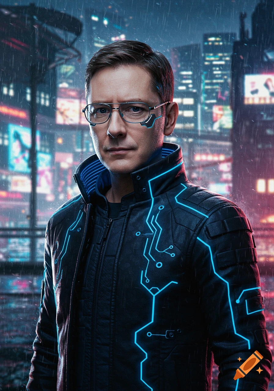 A man in futuristic glasses and a glowing circuit-patterned jacket stands in a rainy cyberpunk city at night.