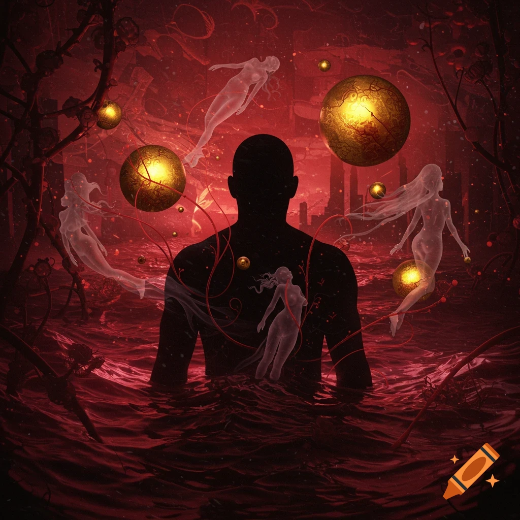 A silhouetted man in red water, surrounded by translucent female figures, red tendrils, and glowing orbs in a surreal, symbolic scene.
