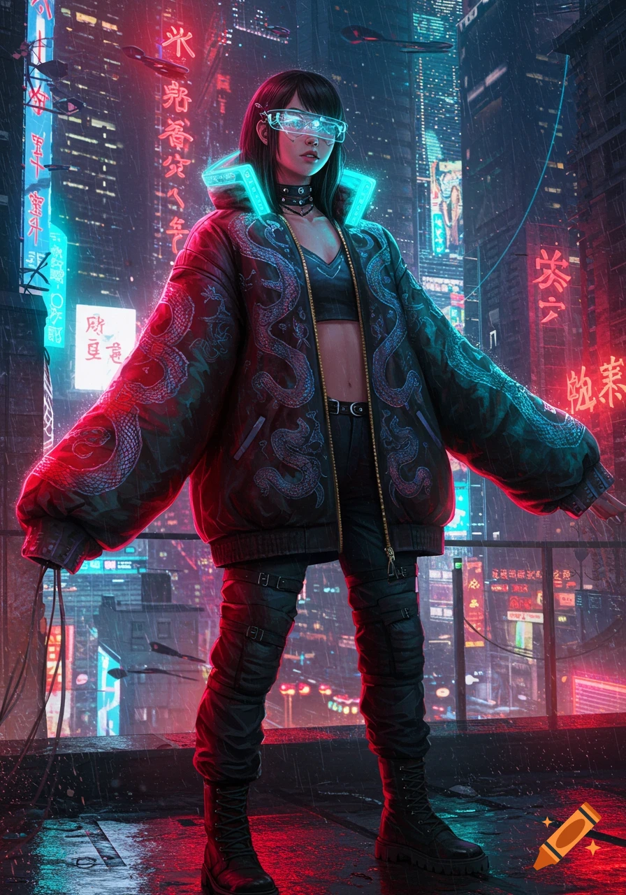 A cyberpunk girl in a snake-patterned jacket and futuristic glasses stands on a rainy rooftop against a neon city backdrop.