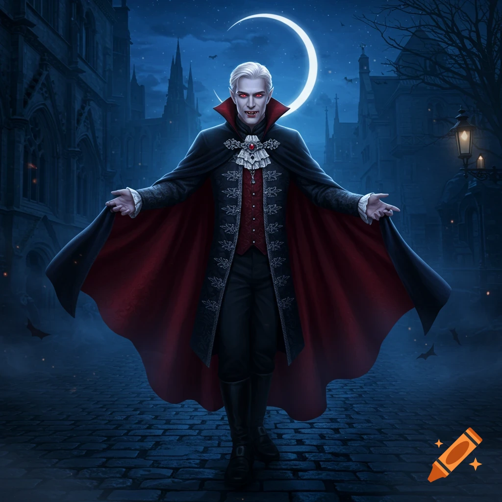 A pale vampire with white hair, red eyes, and fangs in a black and red cape stands on a cobblestone street before a Gothic castle and crescent moon.