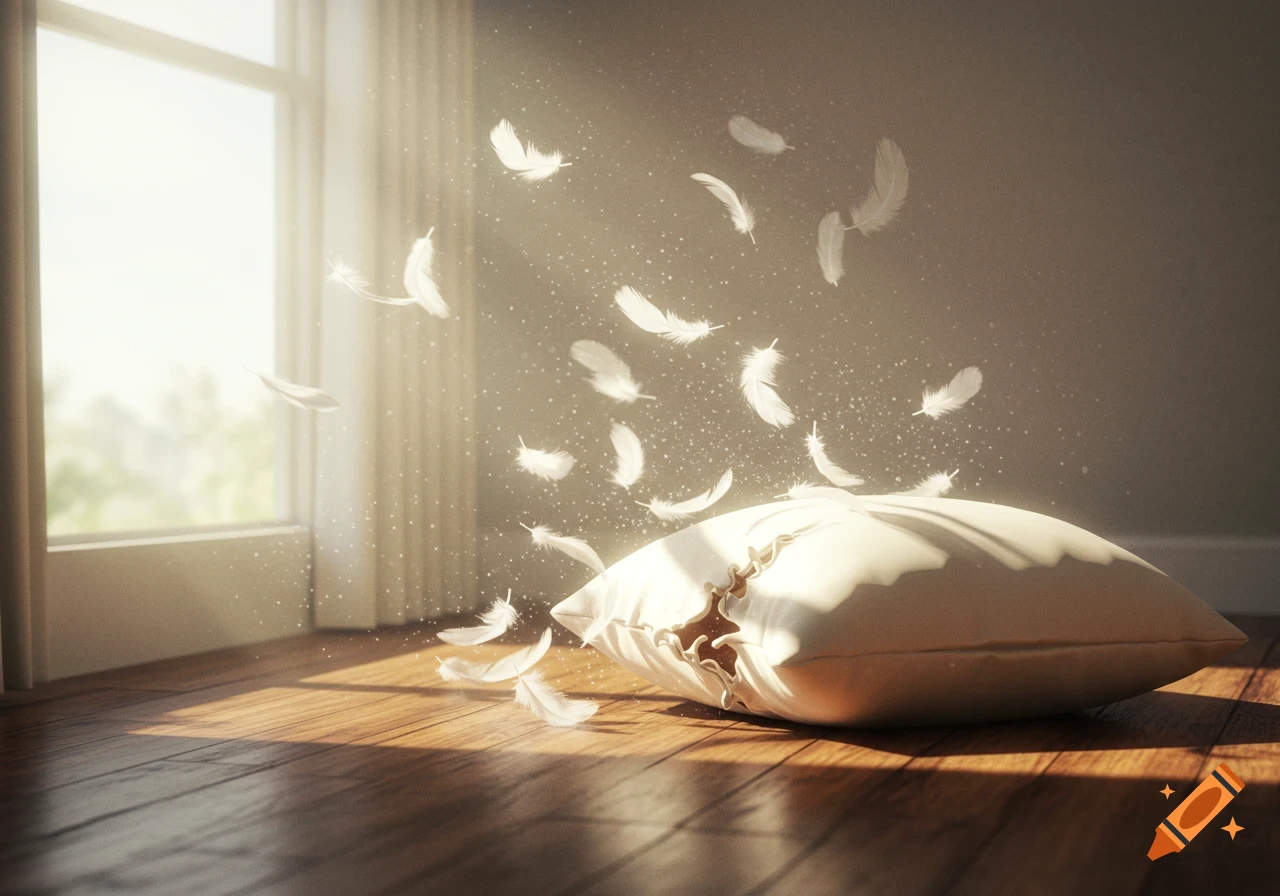 Sunlit room with a torn pillow on a wooden floor, white feathers floating in the air.