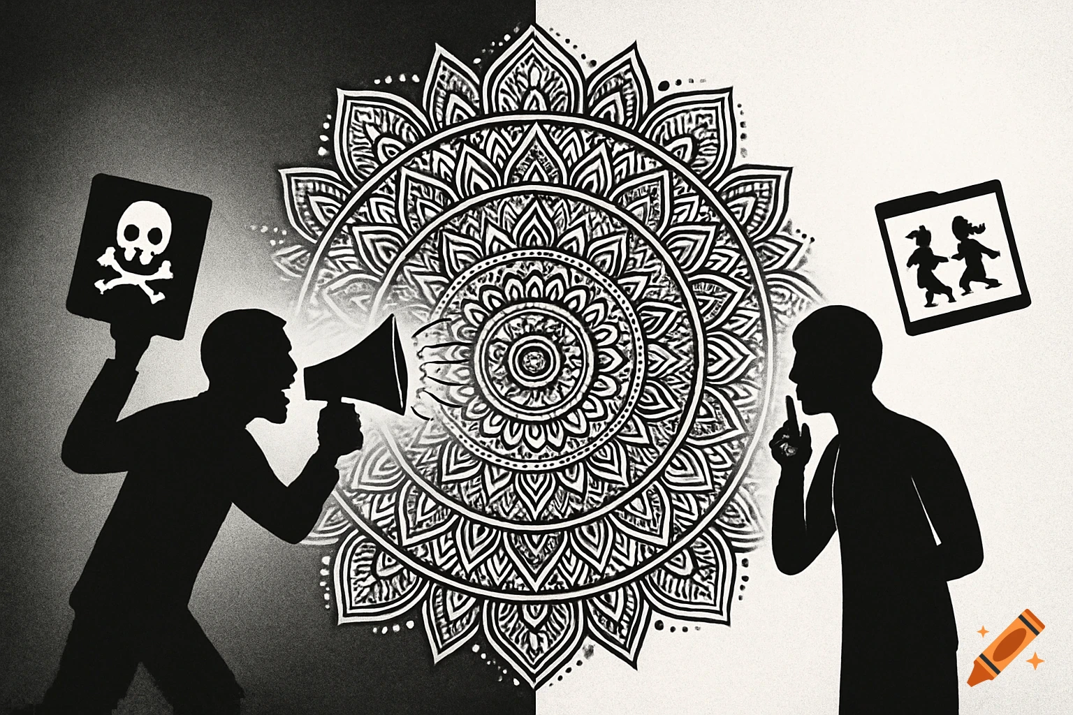 Black and white graphic with a large mandala separating two silhouetted figures: one with a megaphone and a skull sign, the other with a 'shush' gesture and a children playing sign.