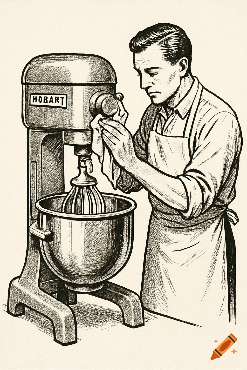 Black and white vintage illustration of a man cleaning a Hobart stand mixer.