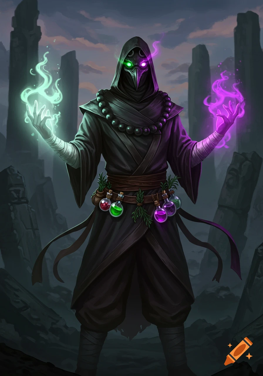 A dark robed fantasy monk in a raven mask, holding green and purple glowing magic, with vials and herbs on his belt.