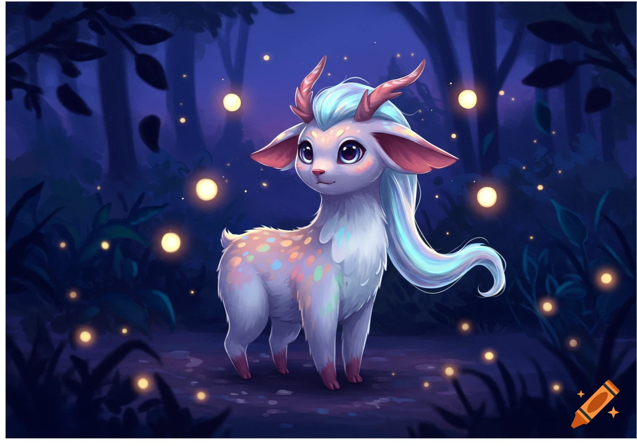 A cute, fluffy white fantasy creature with blue hair, pink horns, and colorful spots stands in a dark, magical forest lit by glowing orbs.