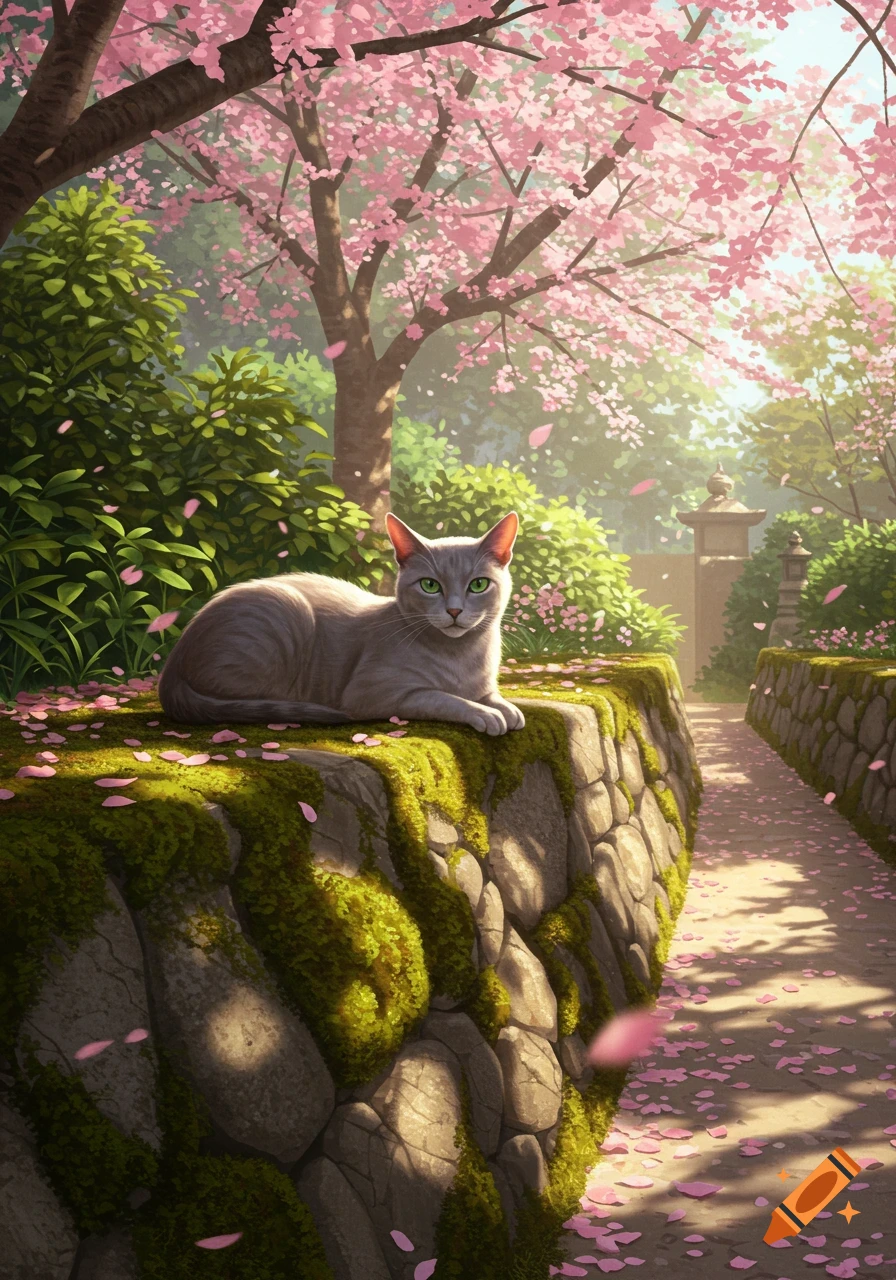 A gray cat with green eyes rests on a mossy stone wall in a cherry blossom garden, with pink petals scattered on a path, illustration.