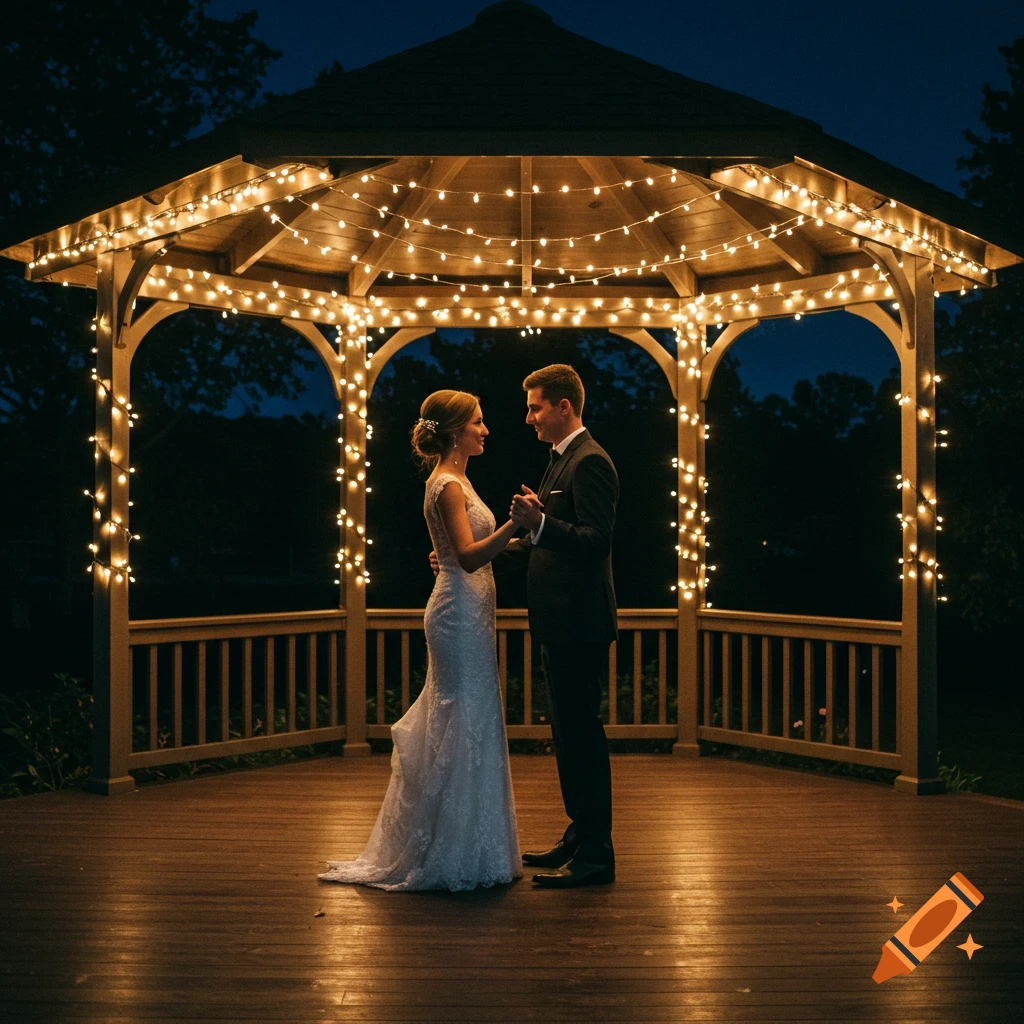 A young couple, dressed in wedding attire, slow-dances under a string-lit gazebo at night. Photorealistic.