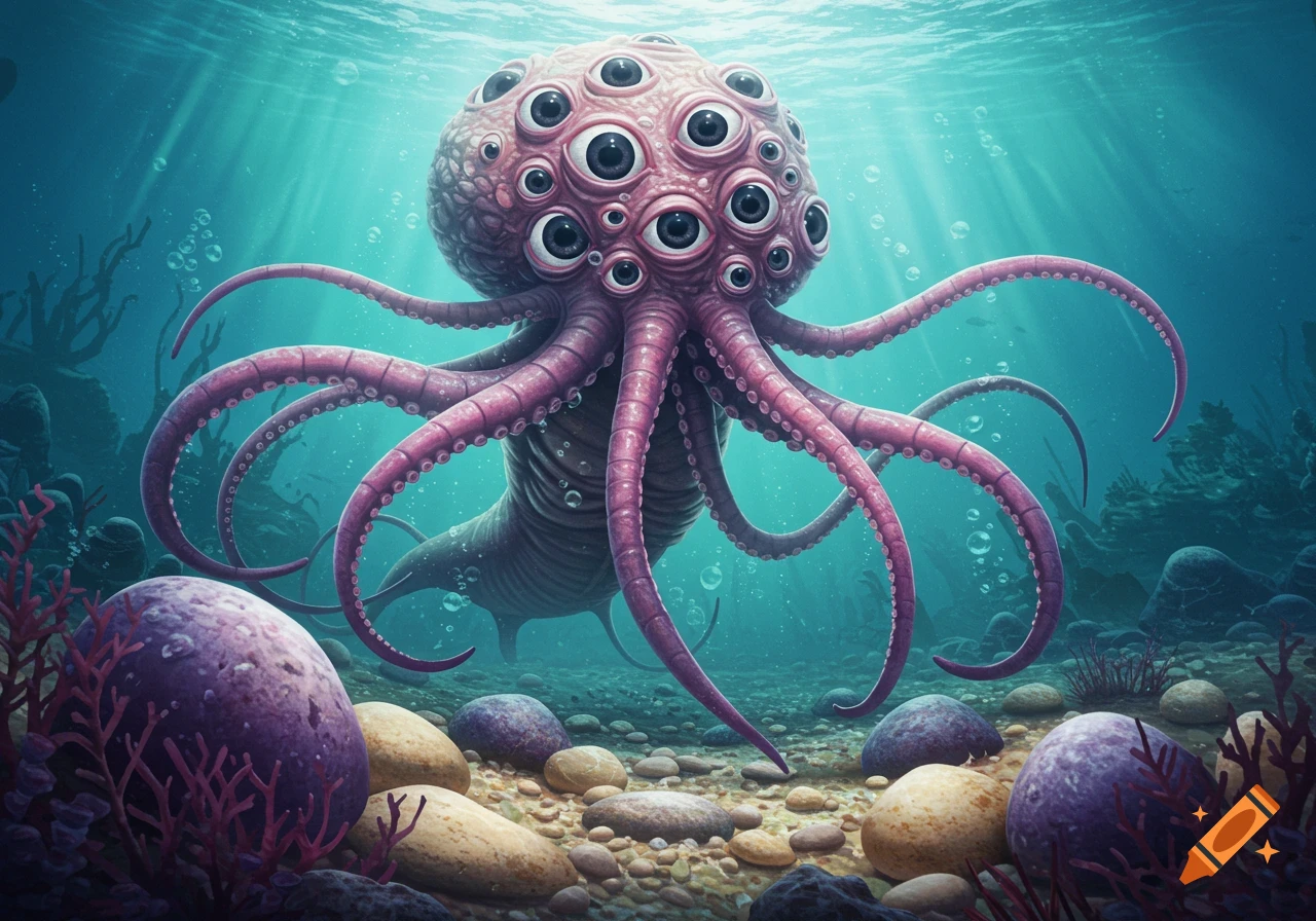Digital art of a surreal, pink, multi-eyed octopus-like alien creature in a vibrant underwater scene.