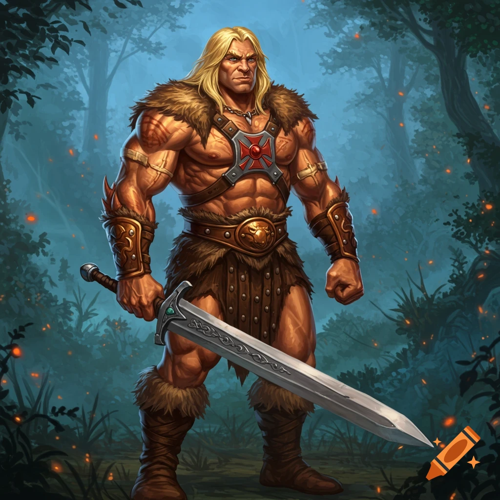 Muscular, blonde-haired barbarian warrior wearing fur and armor, holding a large sword in a misty forest.