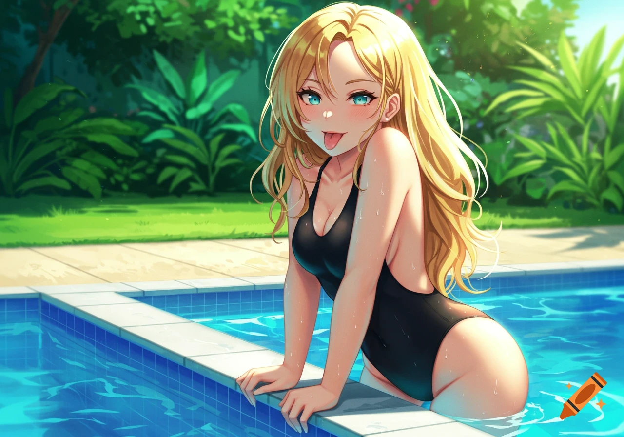 Anime girl with blonde hair and blue eyes, sticking out tongue, in a black swimsuit at the edge of a sunny pool with greenery.