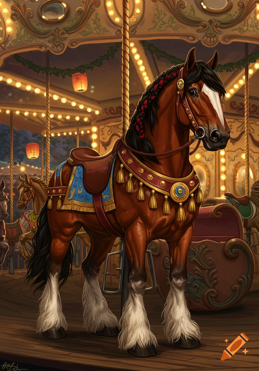A brown carousel horse with a braided black mane and tail, and feathered white lower legs, stands on a brightly lit carousel.