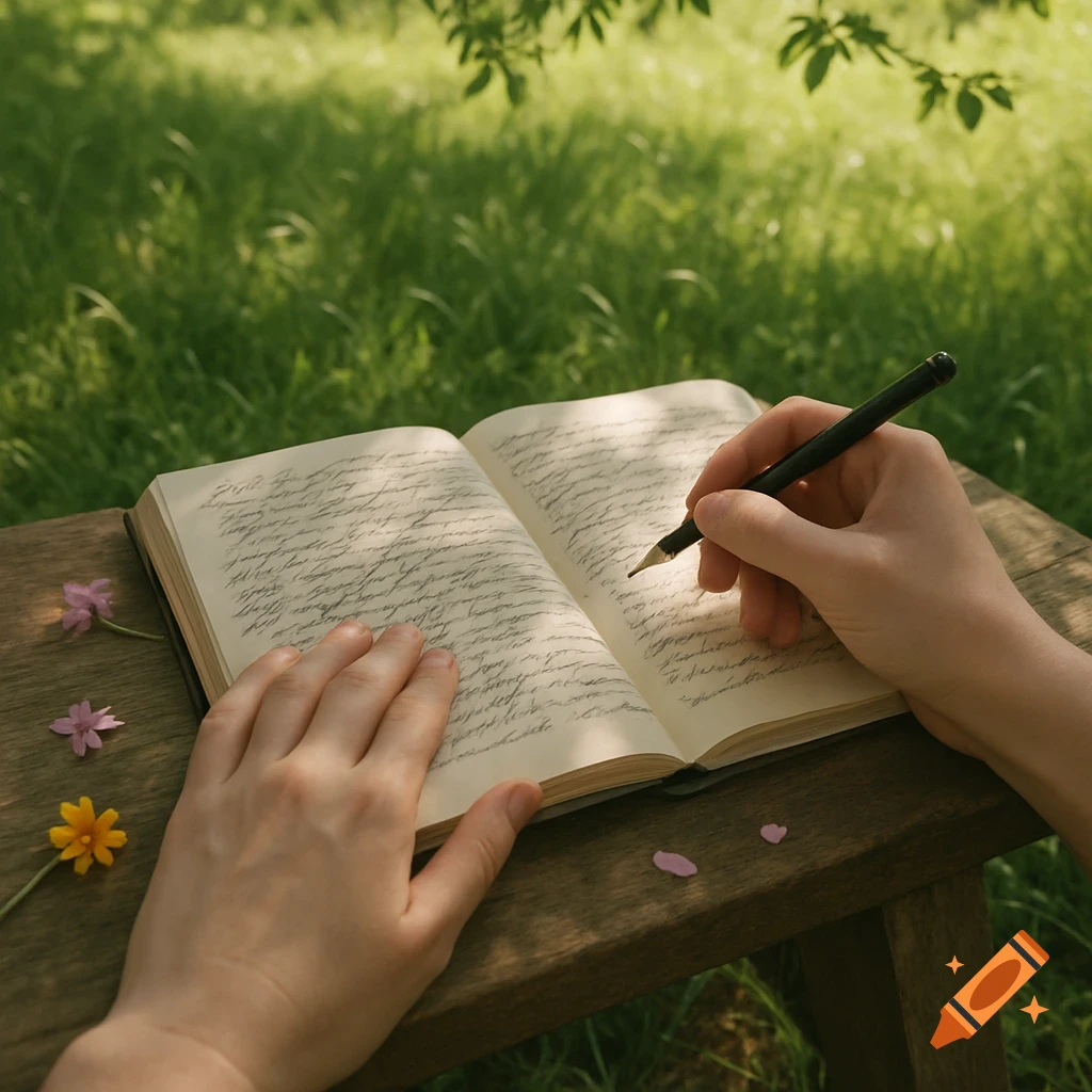 Hands write in an open diary with a pen on a wooden surface outdoors, surrounded by green grass and small flowers.