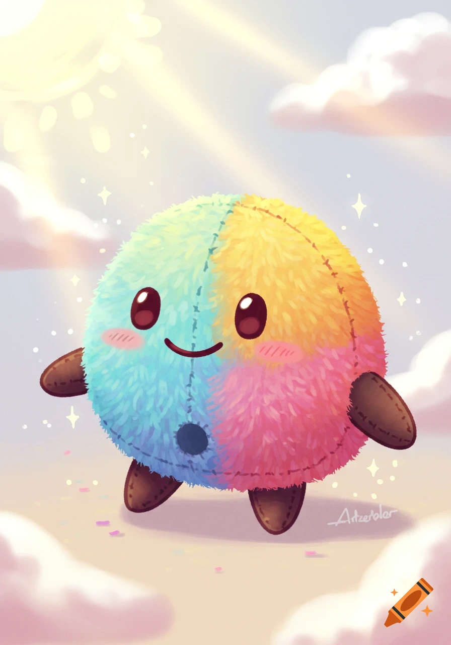 A cute, round, multi-colored plush toy with a happy face floats in a bright, cloudy sky with sparkling dust, digital illustration.