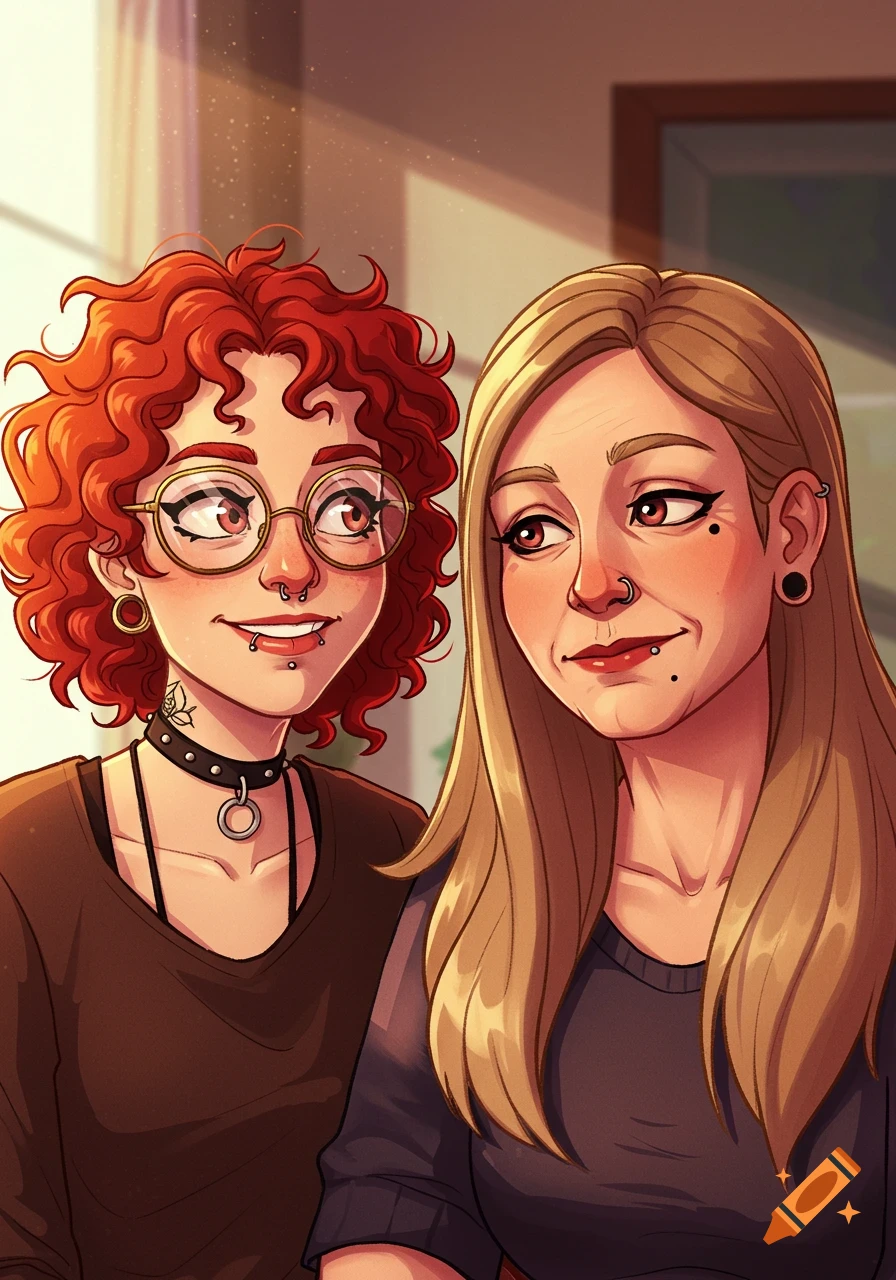 Cartoon portrait of a young woman with curly red hair, glasses, and multiple piercings beside an older woman with long blonde hair and a nose piercing.