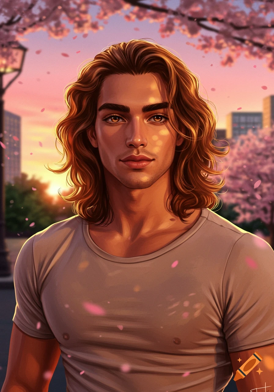 Stylized portrait of a handsome man with long brown wavy hair and golden eyes, amidst pink cherry blossoms at sunset.