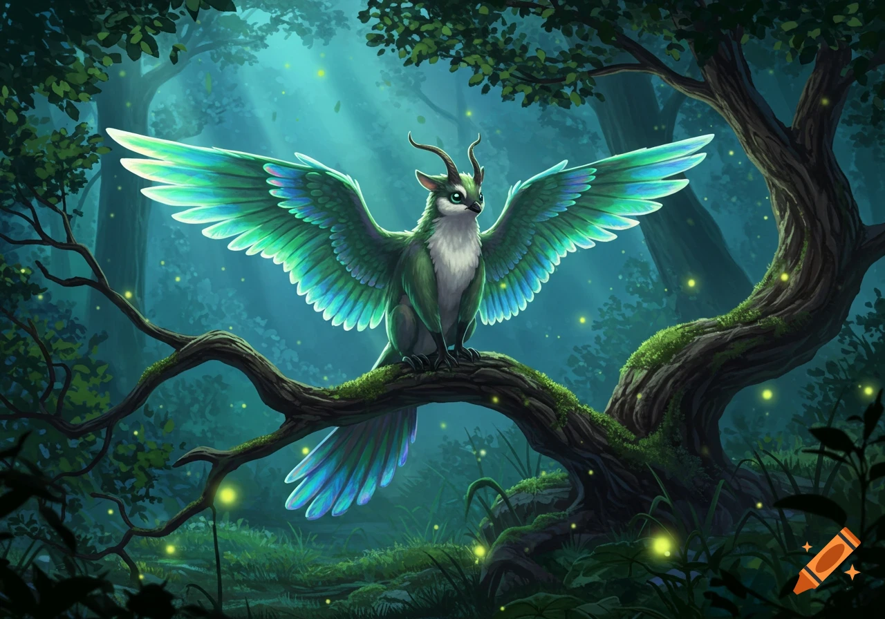 A vibrant green and white fantasy creature with glowing blue-green wings sits on a mossy branch in a magical, dark forest. Digital art.