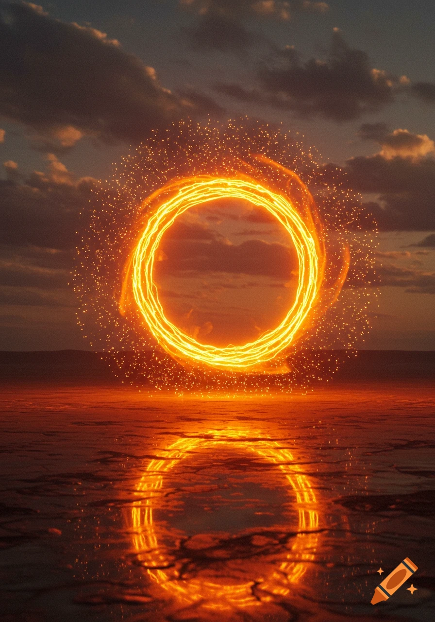 A glowing orange energy portal shimmers above a reflective, cracked red landscape under a cloudy twilight sky.