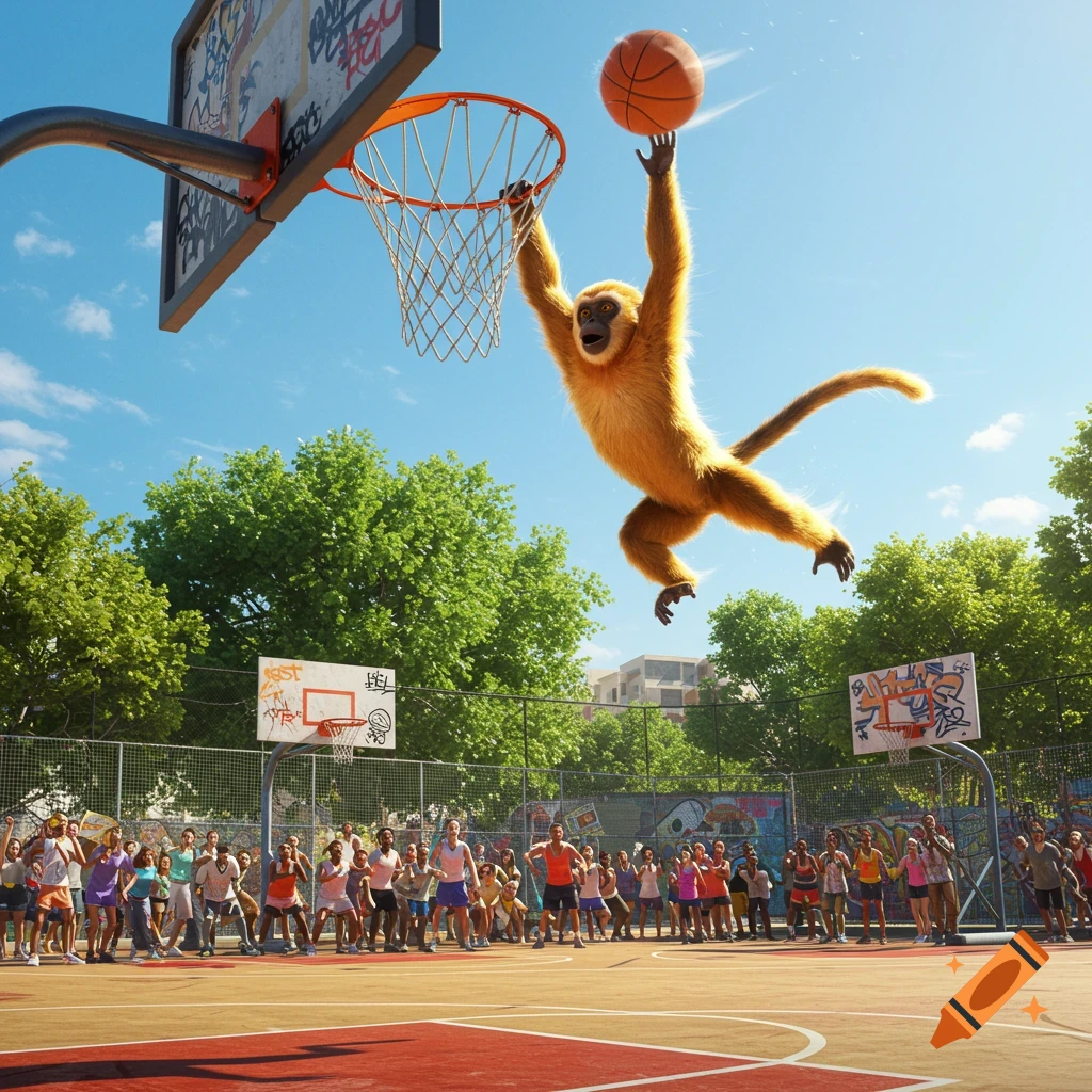 A golden monkey dunks a basketball, hanging from the rim on an outdoor court with spectators.