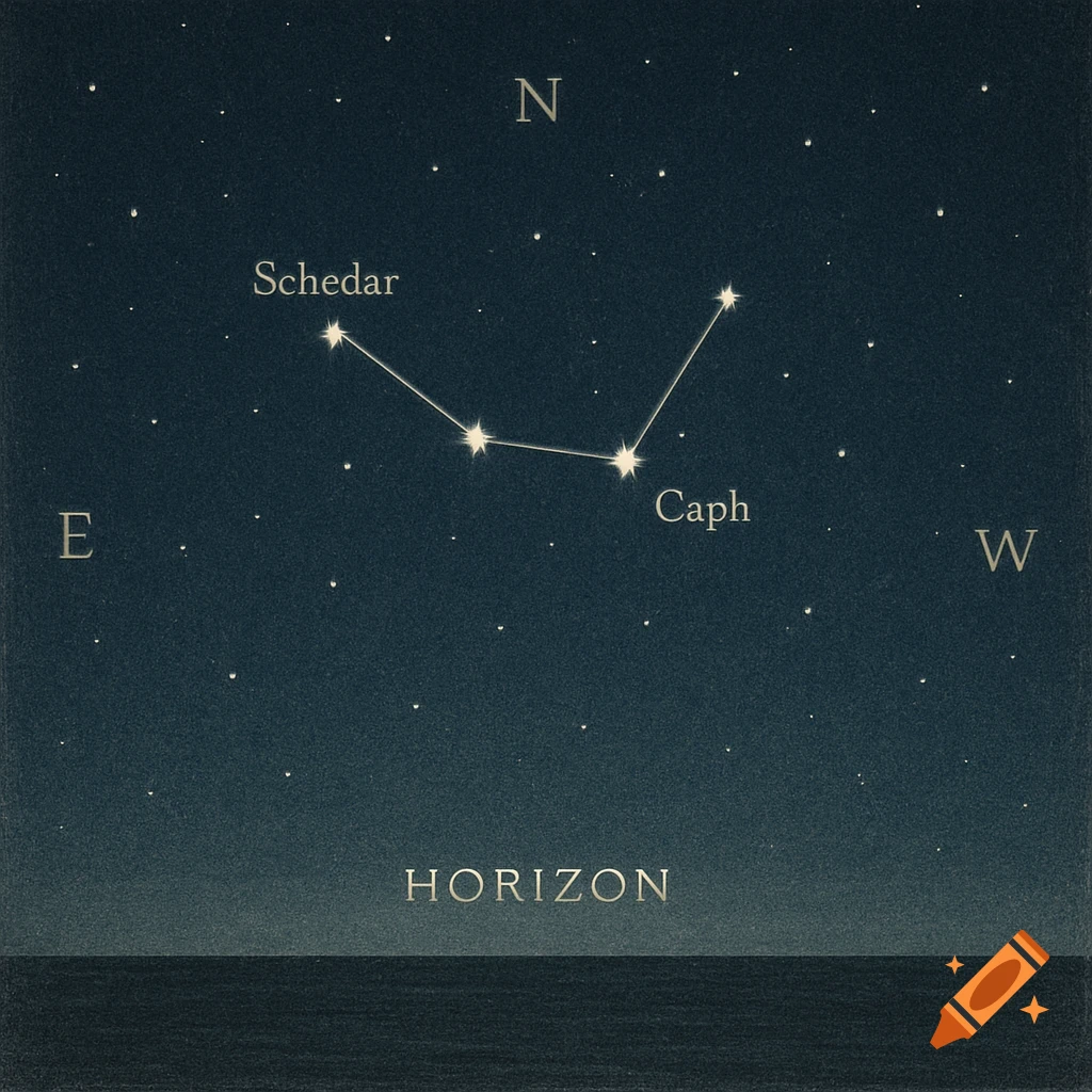 A dark night sky showing the W-shaped Cassiopeia constellation with stars Schedar and Caph labeled, above a horizon. Compass points N, E, W are marked.