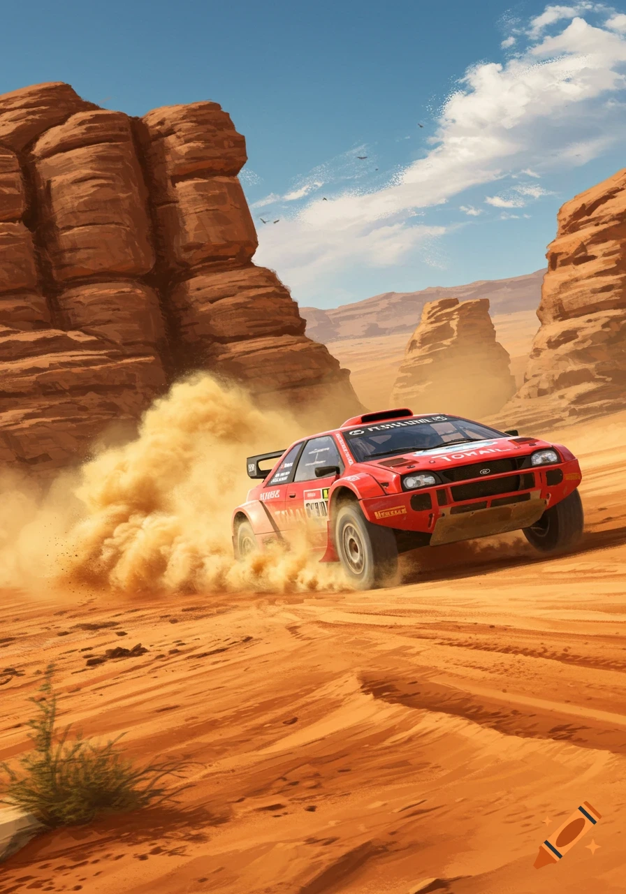 Red rally car races through a sandy desert kicking up a huge dust cloud, surrounded by rocky canyons under a blue sky, in an illustration style.